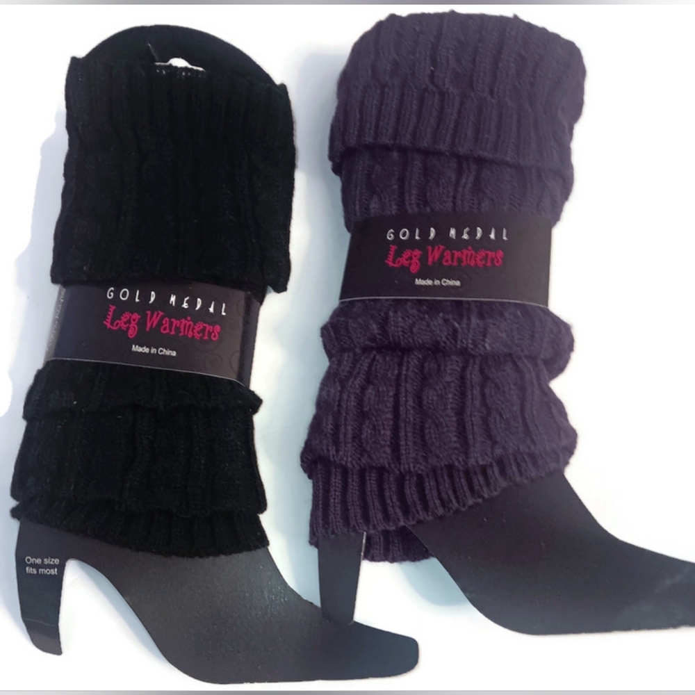 2 PAIR WOMEN'S KNIT LEGWARMERS, PURPLE & BLACK